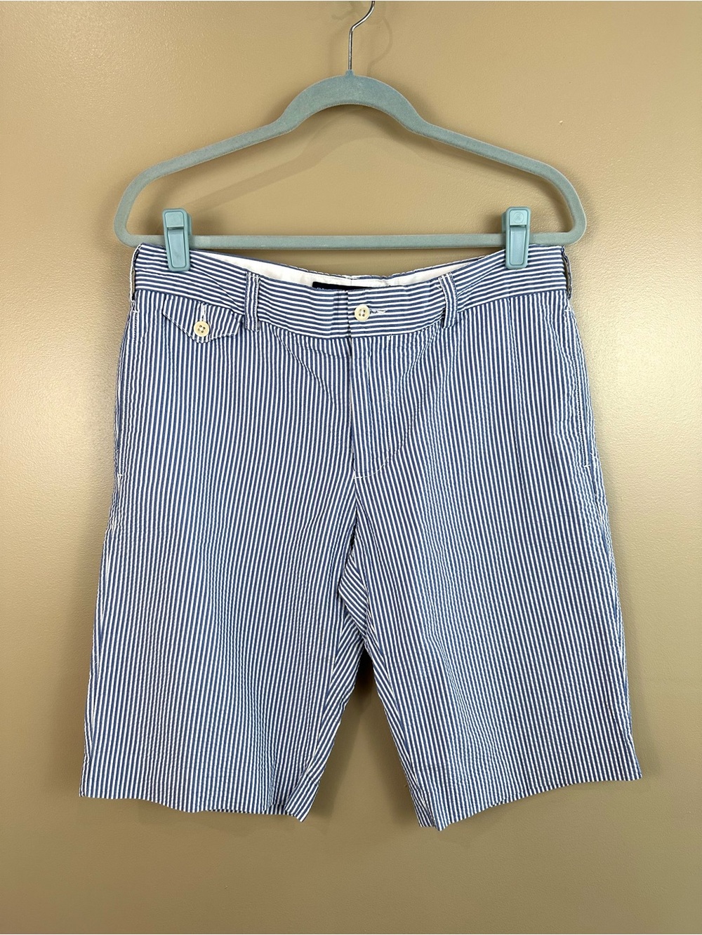 Ralph Lauren Sport Women’s Blue White Stripe Seersucker Bermuda Shorts Cotton 10